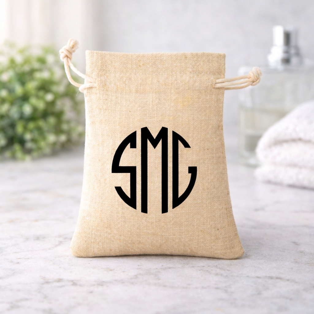 Personalized Mini Canvas Drawstring Bag – 4” x 2.5” Custom 3-Letter Monogram Pouch
