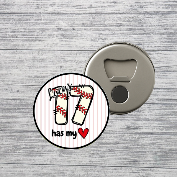 Baseball Number Bottle Opener Magnet – Custom Personalized 2.25” Baseball Fan Gift with Optional Name