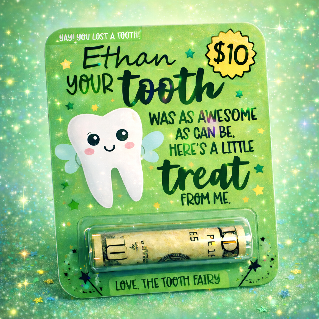 Tooth Fairy Money Card – Custom Personalized Tooth Loss Reward Holder Green
