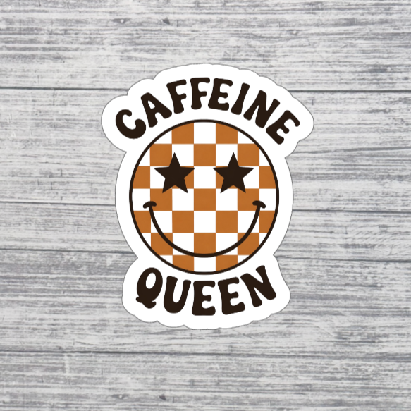 Caffeine Queen Smiley Face Sticker – Retro Coffee Lover Aesthetic