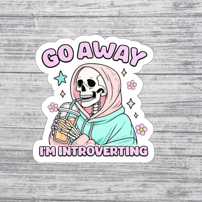 Go Away I’m Introverting Skeleton Sticker – Cute Introvert Coffee Sticker