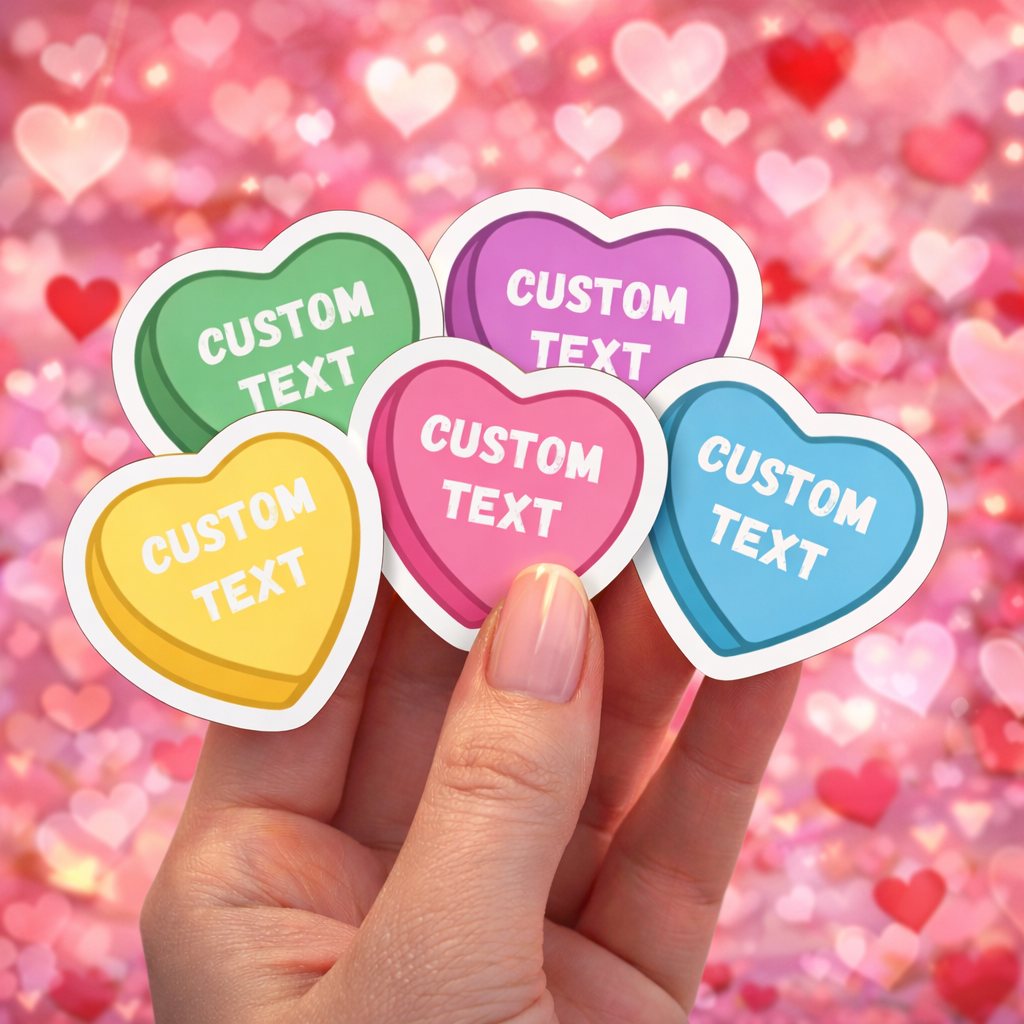 Custom Candy Heart Text Sticker – 2” Personalized Valentine Heart