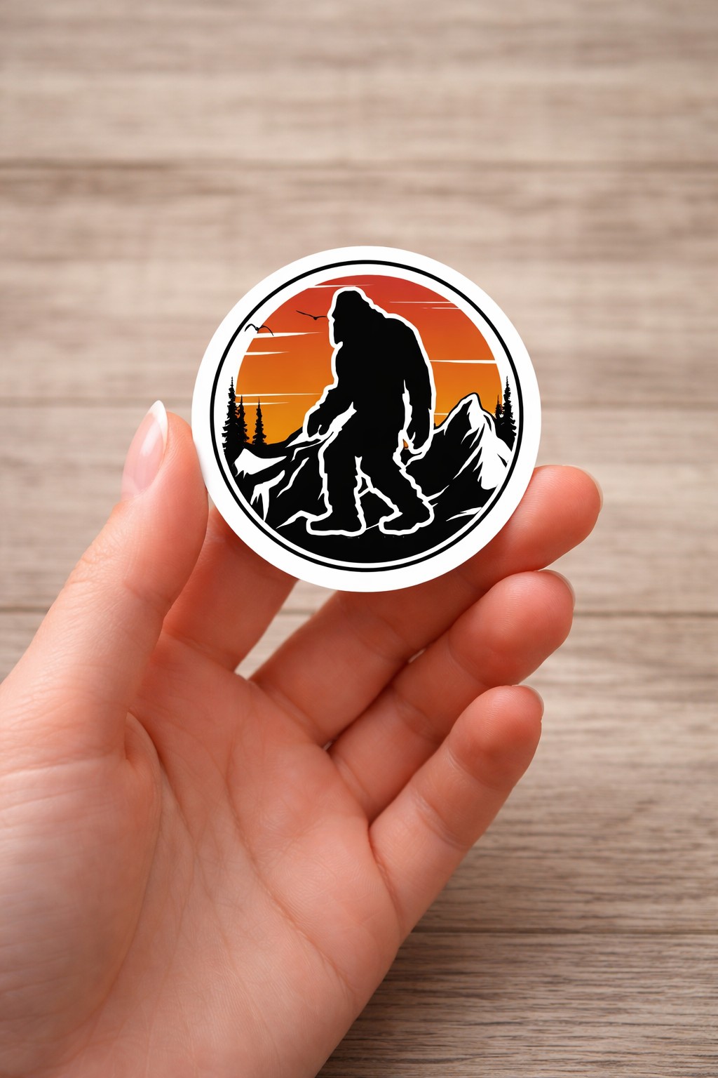 Bigfoot Sunset Mountain Sticker – Sasquatch Hiking Adventure