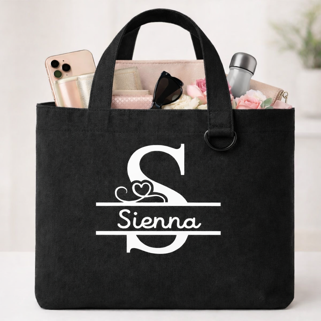 Personalized Name Tote Bag – Black Canvas Tote with Keychain Loop