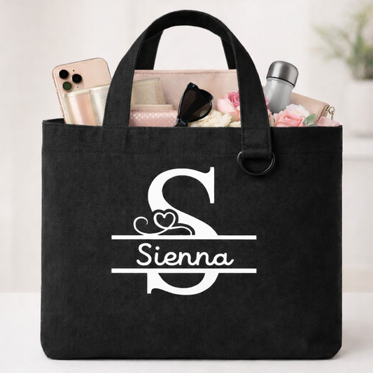 Personalized Name Tote Bag – Black Canvas Tote with Keychain Loop
