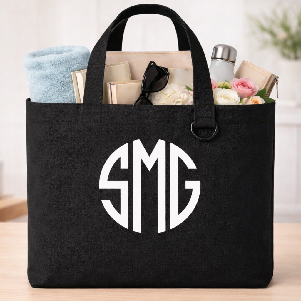 Personalized Black Monogram Tote Bag – with Keychain Loop