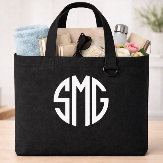 Personalized Black Monogram Tote Bag – with Keychain Loop