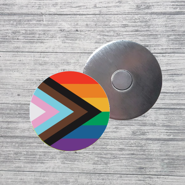 Progress Pride Flag Magnet – LGBTQ+ Inclusive Rainbow Fridge Locker Magnet – 2.25” Round Magnet