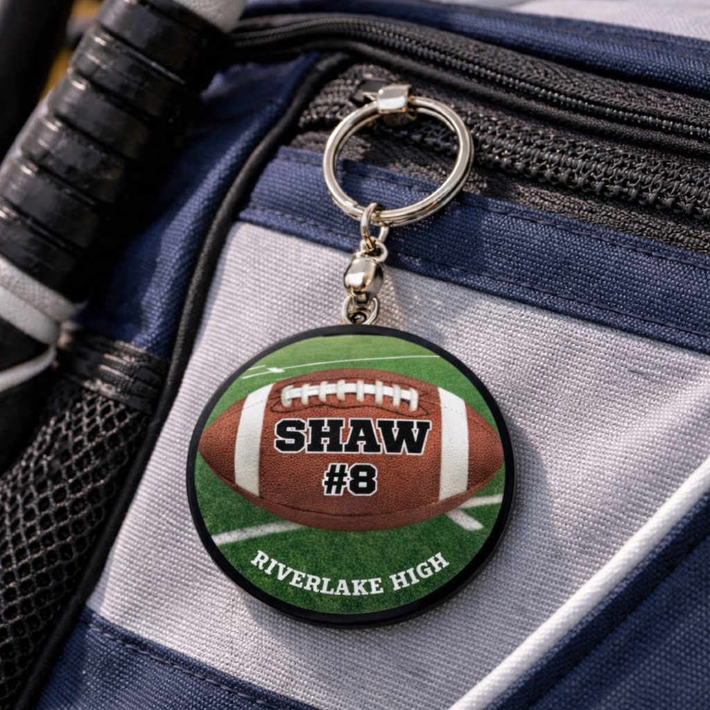 Football Keychain Basketball Pin Custom Personalized Name, Number & School Keychain