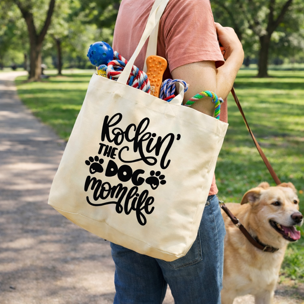 Rockin’ the Dog Mom Life Canvas Tote Bag – Medium Eco-Friendly Carryall