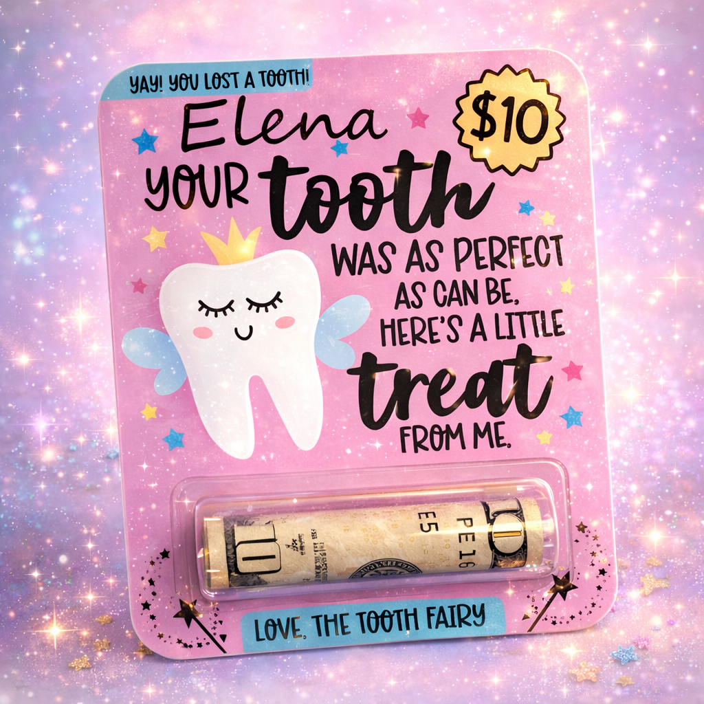 Tooth Fairy Money Card – Custom Personalized Tooth Loss Reward Holder Pink