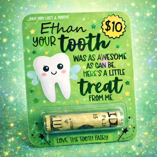 Tooth Fairy Money Card – Custom Personalized Tooth Loss Reward Holder Green