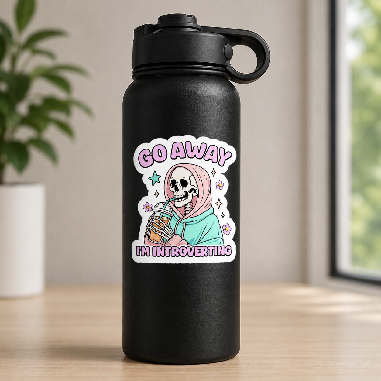 Go Away I’m Introverting Skeleton Sticker – Cute Introvert Coffee Sticker