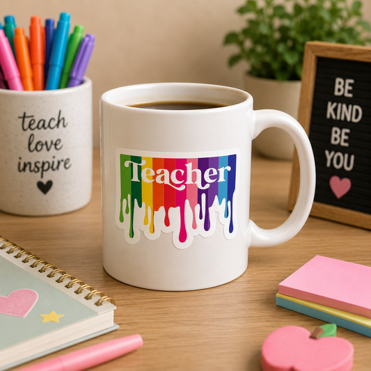 Rainbow Drip Teacher Sticker – 3” Colorful Teacher Appreciation Sticker – Retro Teacher Sticker
