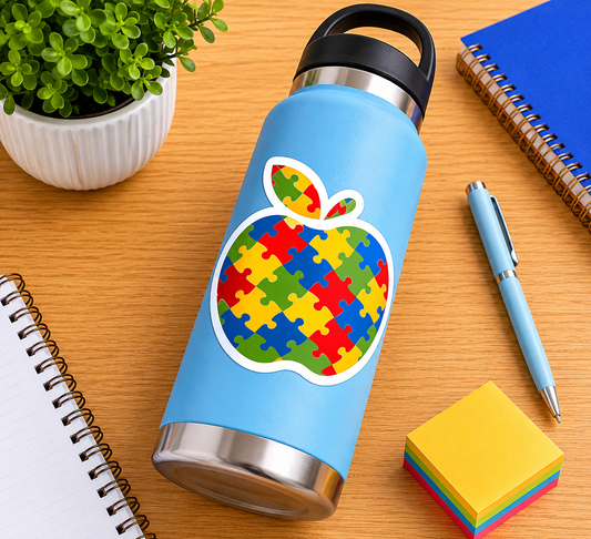 Autism Puzzle Apple Sticker – 3” Neurodiversity Teacher Sticker – Colorful Puzzle Piece Sticker