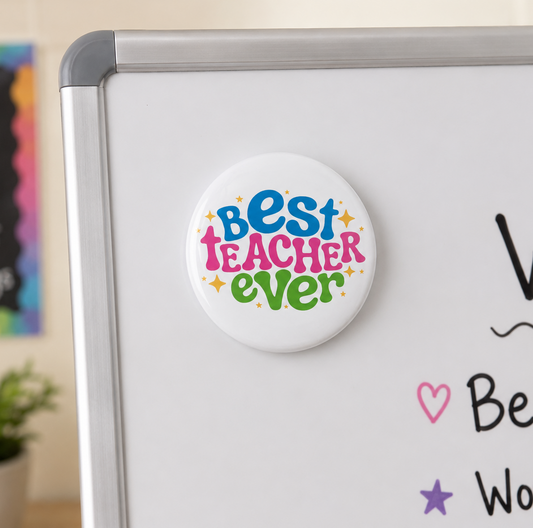 Best Teacher Ever Magnet – Round Teacher Appreciation Fridge Magnet – Colorful Classroom Gift