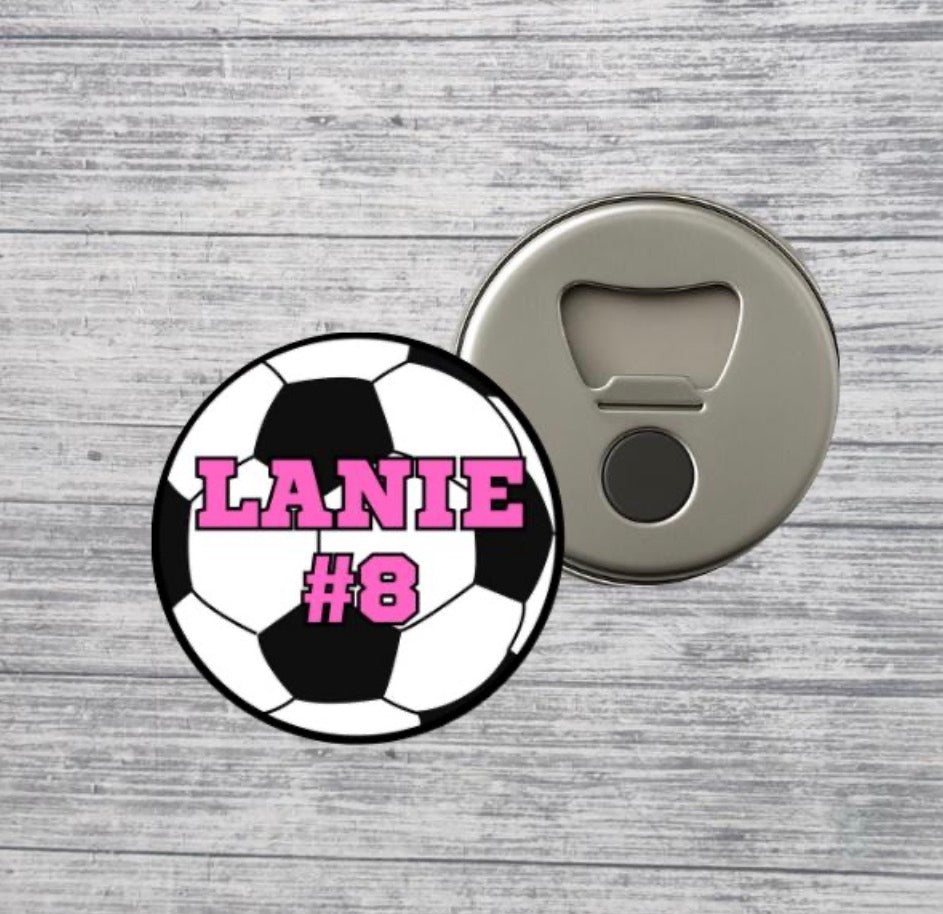 Soccer Bottle Opener Magnet Custom Personalized Name & Number – Team Gift