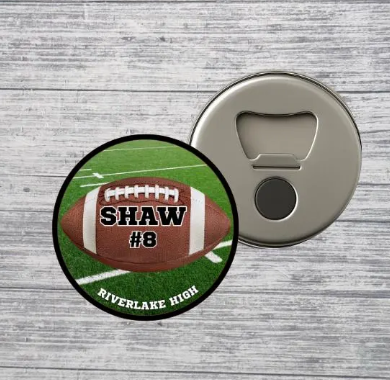 Football Bottle Opener Magnet Basketball Pin Custom Personalized Name & Number Button