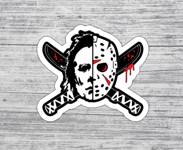 Split Horror Mask Sticker – Spooky Crossed Blades Graphic Sticker