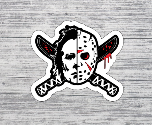 Split Horror Mask Sticker – Spooky Crossed Blades Graphic Sticker