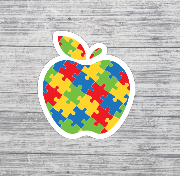 Autism Puzzle Apple Sticker – 3” Neurodiversity Teacher Sticker – Colorful Puzzle Piece Sticker
